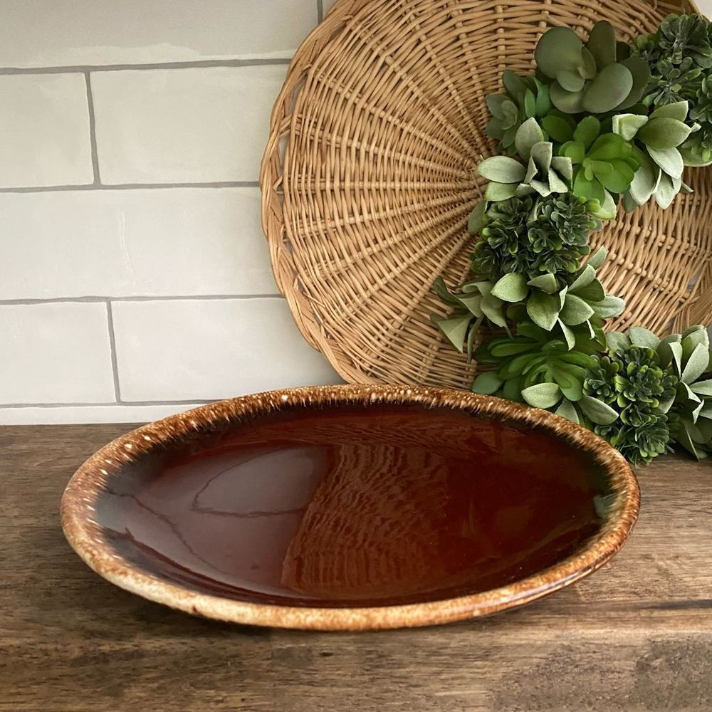 Vintage Hull Stoneware Brown Drip Glazed Pottery Round Large Dinner Plate